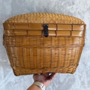 vintage Chinese herringbone weave cane and rattan storage lidded basket trunk